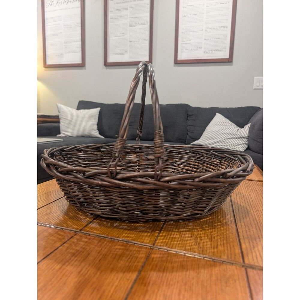 Oval Wicker Gathering Basket Dark Brown Double Swing Handles Farmhouse Harvest